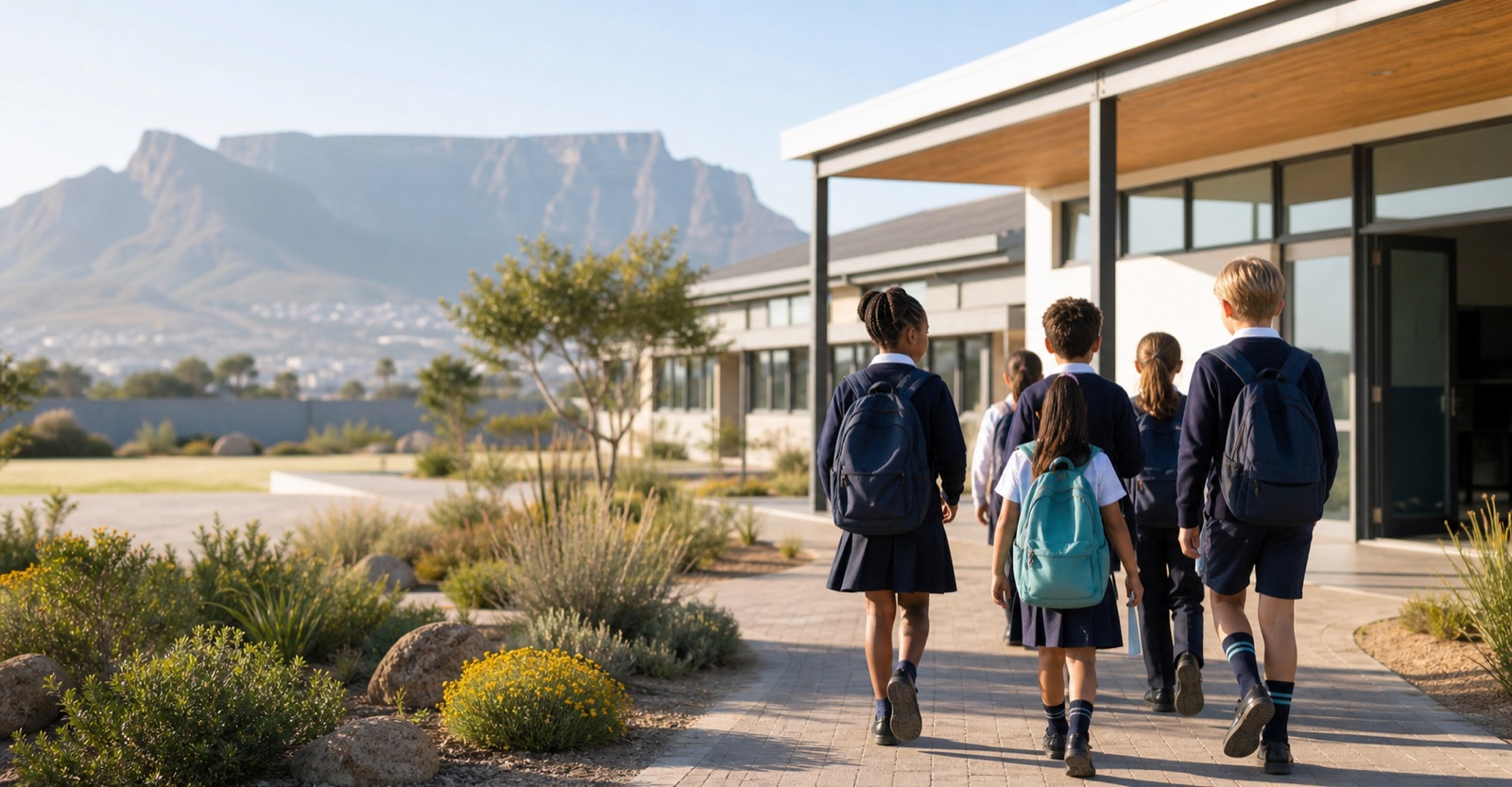 Primary-school learners walking together on a Cape Town school campus with Table Mountain in the distance